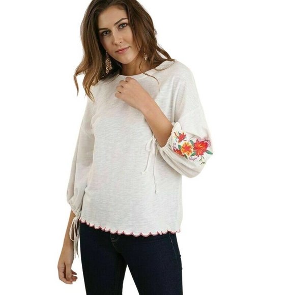 SALE UMGEE NWT Blouse/Top/Shirt Embroidered Drawstring Cuffs Scallop Hem Sz M - Picture 2 of 8